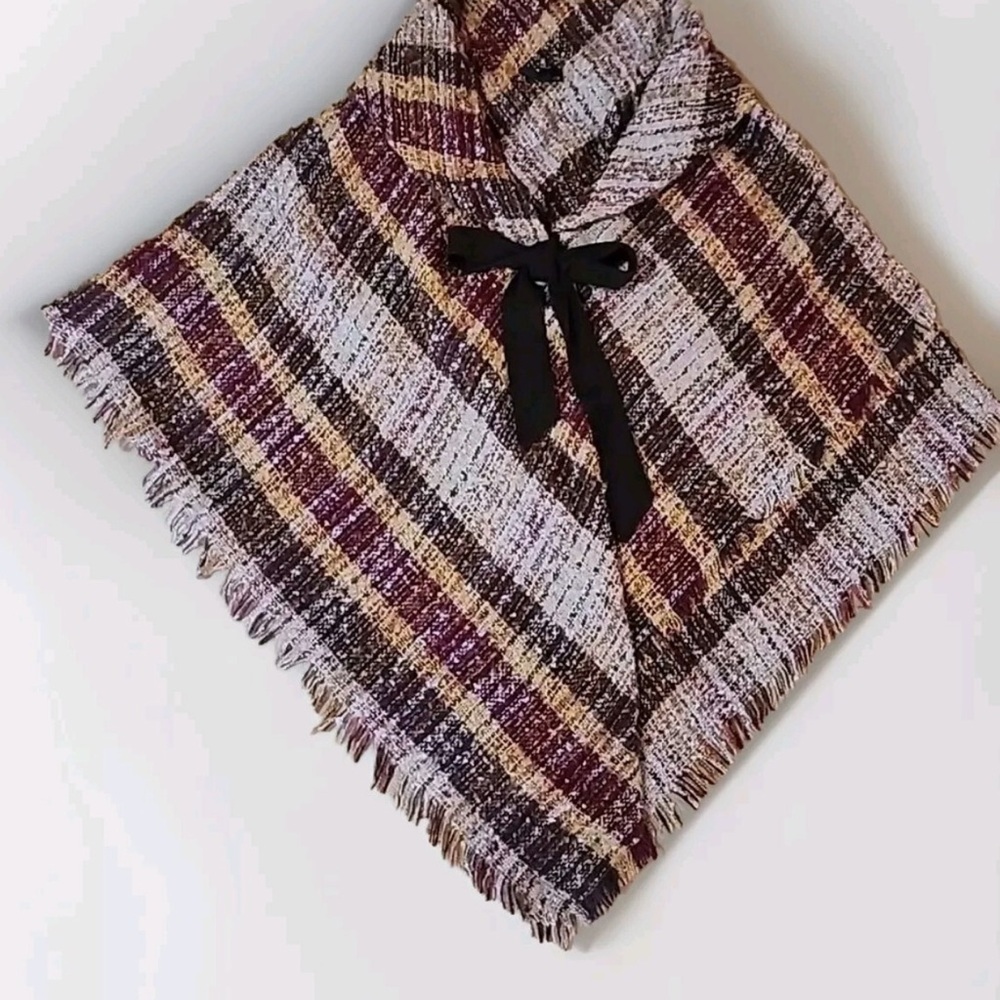 Coco + Carmen Poncho Cape Fall Autumn ORANGE TAN Brown Plaid Fringe TARTAN O/S